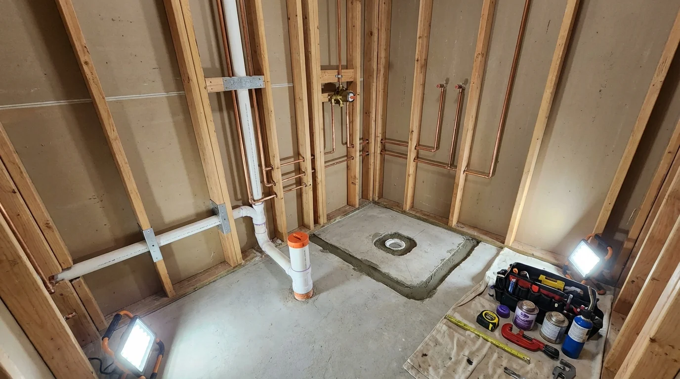 Bathroom rough-in plumbing during remodel by Johns Plumbing LLC in Laurel Hill