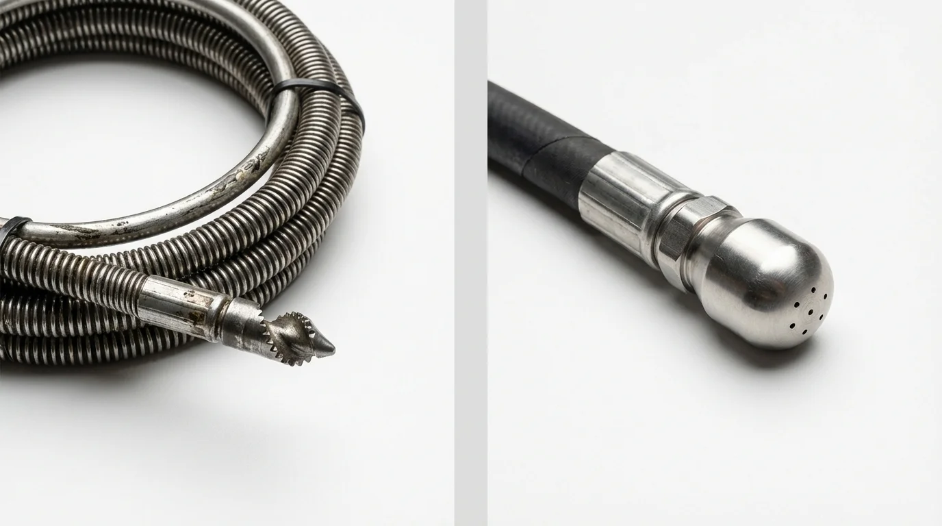Drain snake cable and hydro jetting nozzle used for drain cleaning in Laurel Hill, NC