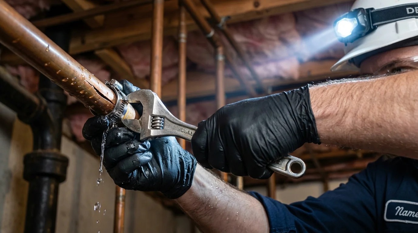 Emergency pipe clamp repair being performed by a Johns Plumbing LLC plumber in Laurel Hill