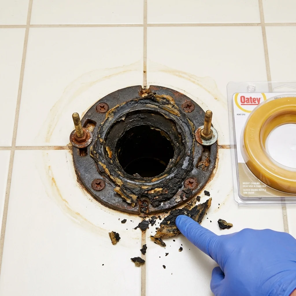Failed wax ring showing water seepage at the base of a toilet in a Laurel Hill, NC home