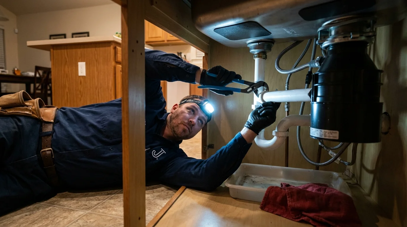 P-trap and supply line connections under a kitchen sink showing a common leak point in Laurel Hill, NC